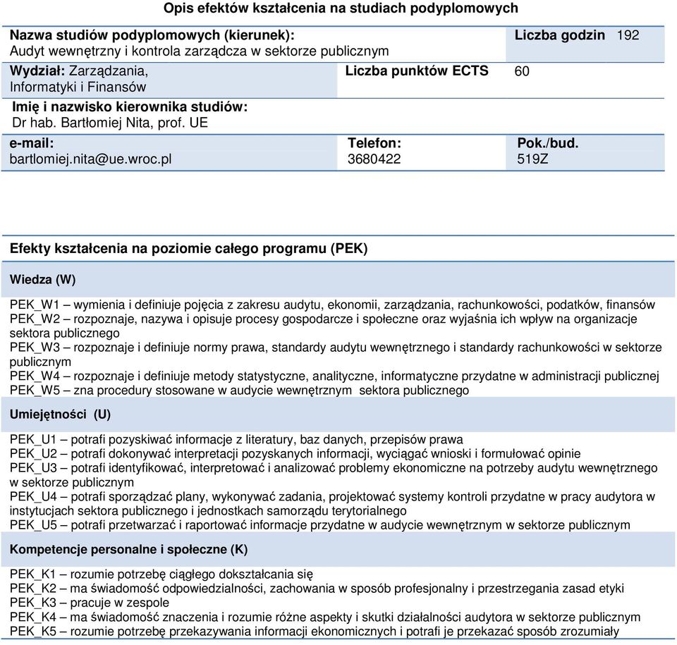 519Z PEK_W1 wymienia i definiuje pojęcia z zakresu audytu, ekonomii, zarządzania, rachunkowości, podatków, finansów PEK_W2 rozpoznaje, nazywa i opisuje procesy gospodarcze i społeczne oraz wyjaśnia