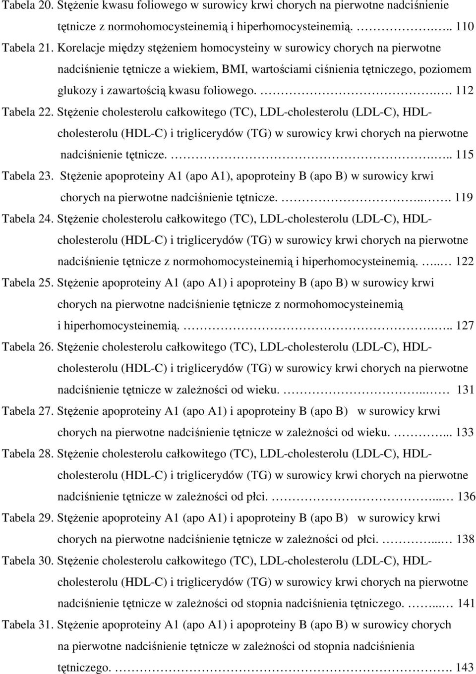 .. 112 Tabela 22. StęŜenie cholesterolu całkowitego (TC), LDL-cholesterolu (LDL-C), HDLcholesterolu (HDL-C) i triglicerydów (TG) w surowicy krwi chorych na pierwotne nadciśnienie tętnicze.