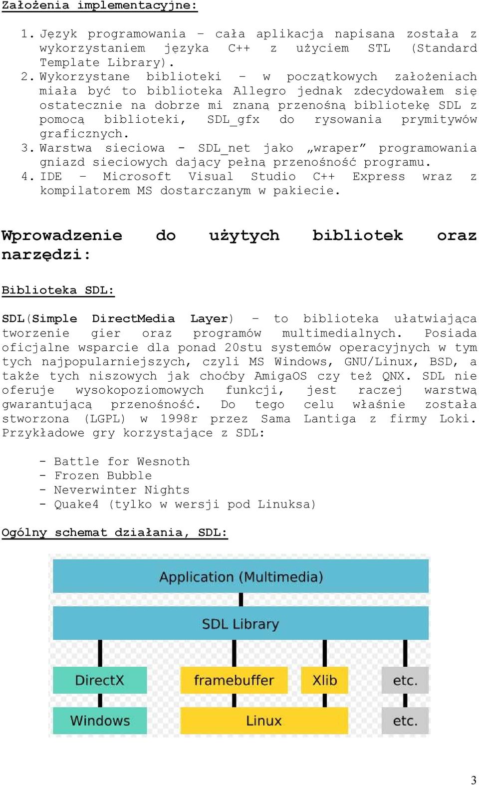 rysowania prymitywów graficznych. 3. Warstwa sieciowa - SDL_net jako wraper programowania gniazd sieciowych dający pełną przenośność programu. 4.