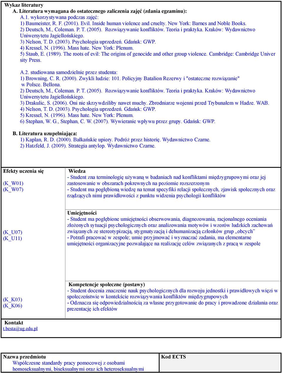 Psychologia uprzedzeń. Gdańsk: GWP. 4) Kressel, N. (1996). Mass hate. New York: Plenum. 5) Staub, E. (1989). The roots of evil: The origins of genocide and other group violence.