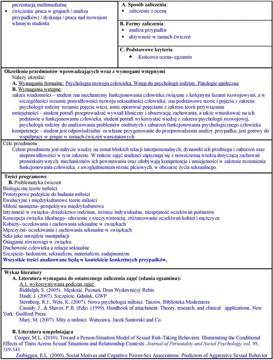 Wymagania formalne: Psychologia rozwoju człowieka, Wstęp do psychologii rodziny, Patologie społeczne B.