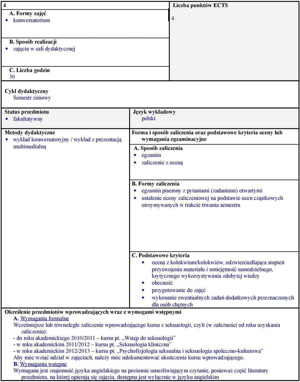 zaliczenia oraz podstawowe kryteria oceny lub wymagania egzaminacyjne A. Sposób zaliczenia egzamin zaliczenie z oceną B.