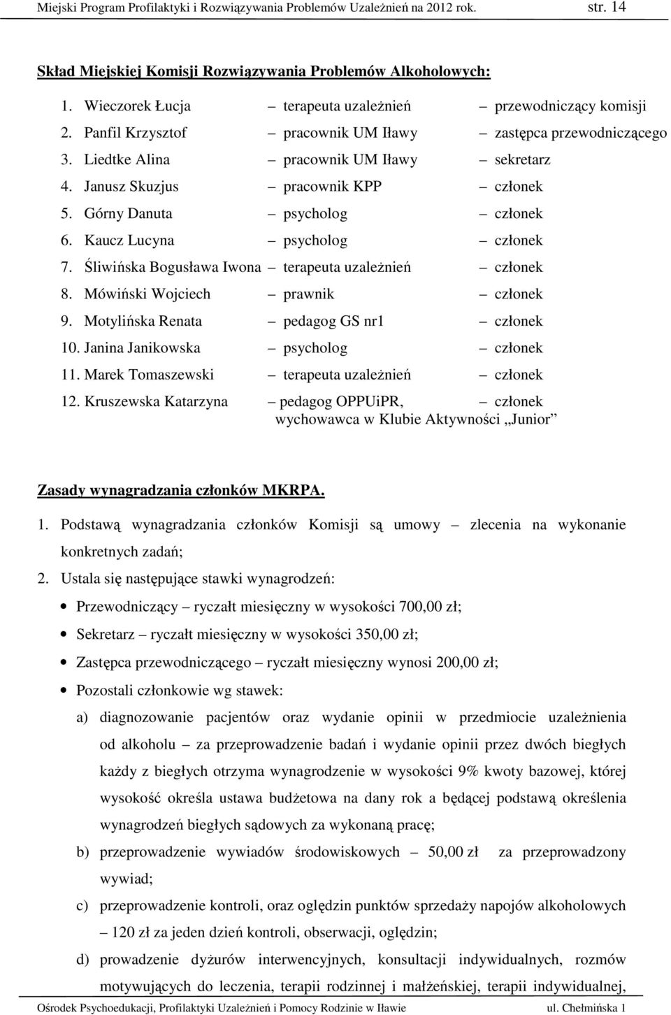 Janusz Skuzjus pracownik KPP członek 5. Górny Danuta psycholog członek 6. Kaucz Lucyna psycholog członek 7. Śliwińska Bogusława Iwona terapeuta uzależnień członek 8.