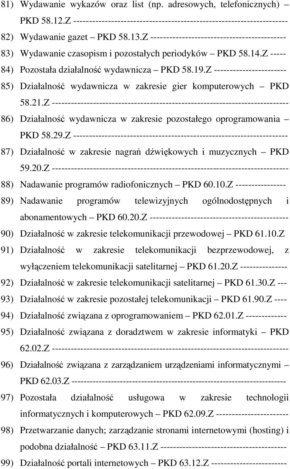 Z ----------------------- 85) Działalność wydawnicza w zakresie gier komputerowych PKD 58.21.