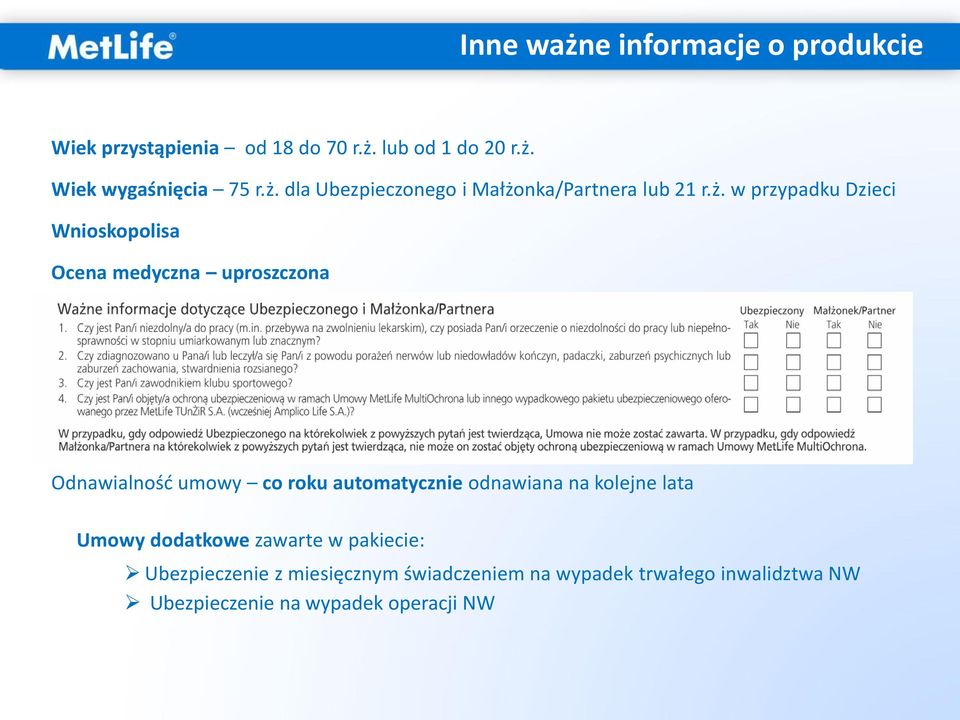 uproszczona Odnawialność umowy co roku automatycznie odnawiana na kolejne lata Umowy dodatkowe zawarte w