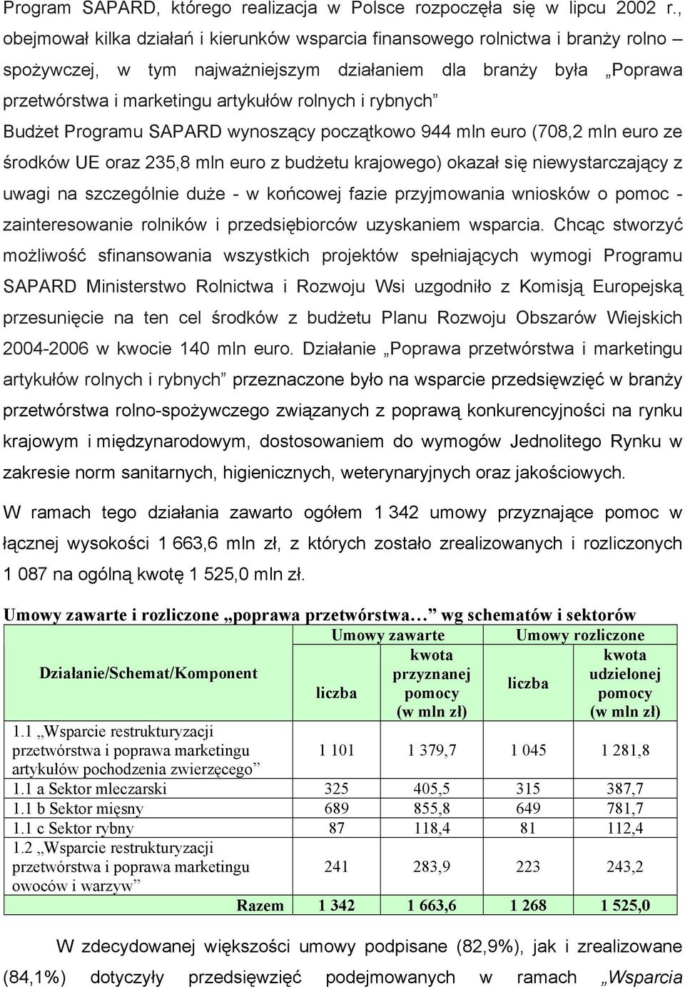 rybnych Budżet Programu SAPARD wynoszący początkowo 944 mln euro (708,2 mln euro ze środków UE oraz 235,8 mln euro z budżetu krajowego) okazał się niewystarczający z uwagi na szczególnie duże - w