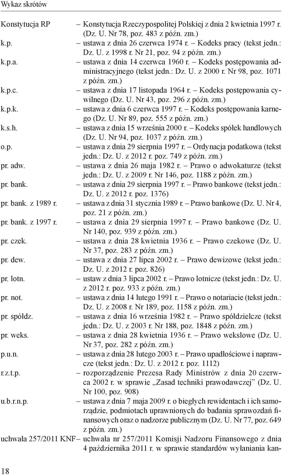 Kodeks postępowania cywilnego (Dz. U. Nr 43, poz. 296 z późn. zm.) k.p.k. ustawa z dnia 6 czerwca 1997 r. Kodeks postępowania karnego (Dz. U. Nr 89, poz. 555 z późn. zm.) k.s.h.