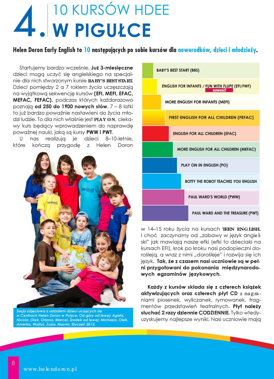 Dzieci pomiędzy 2 a 7 rokiem życia uczęszczają na wyjątkową sekwencję kursów (EFI, MEFI, EFAC, MEFAC, FEFAC), podczas których każdorazowo poznają od 250 do 1900 nowych słów.