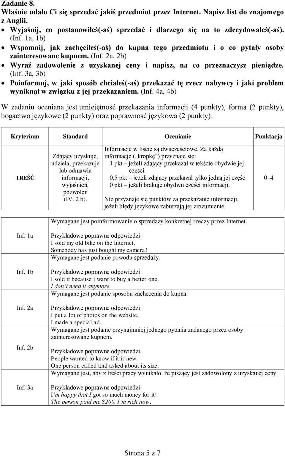 2a, 2b) Wyraź zadowolenie z uzyskanej ceny i napisz, na co przeznaczysz pieniądze. (Inf.