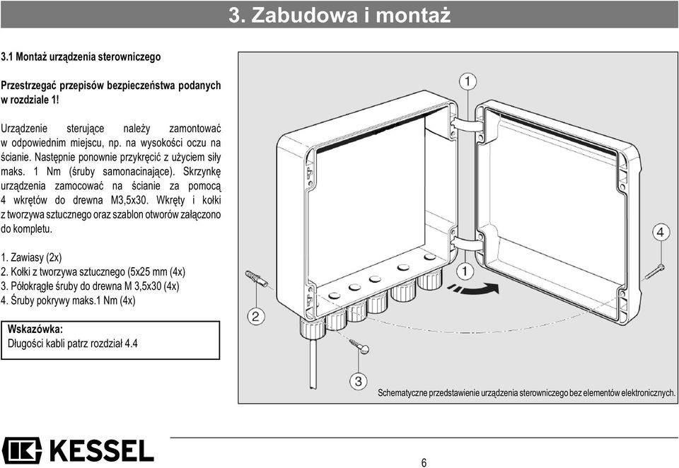 Skrzynkę urządzenia zamocować na ścianie za pomocą 4 wkrętów do drewna M3,5x30. Wkręty i kołki z tworzywa sztucznego oraz szablon otworów załączono do kompletu. 1. Zawiasy (2x) 2.