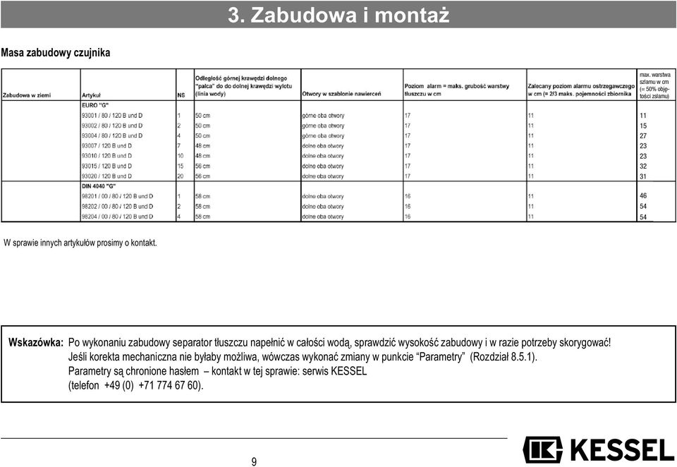 Wskazówka: Po wykonaniu zabudowy separator tłuszczu napełnić w całości wodą, sprawdzić wysokość zabudowy i w razie potrzeby