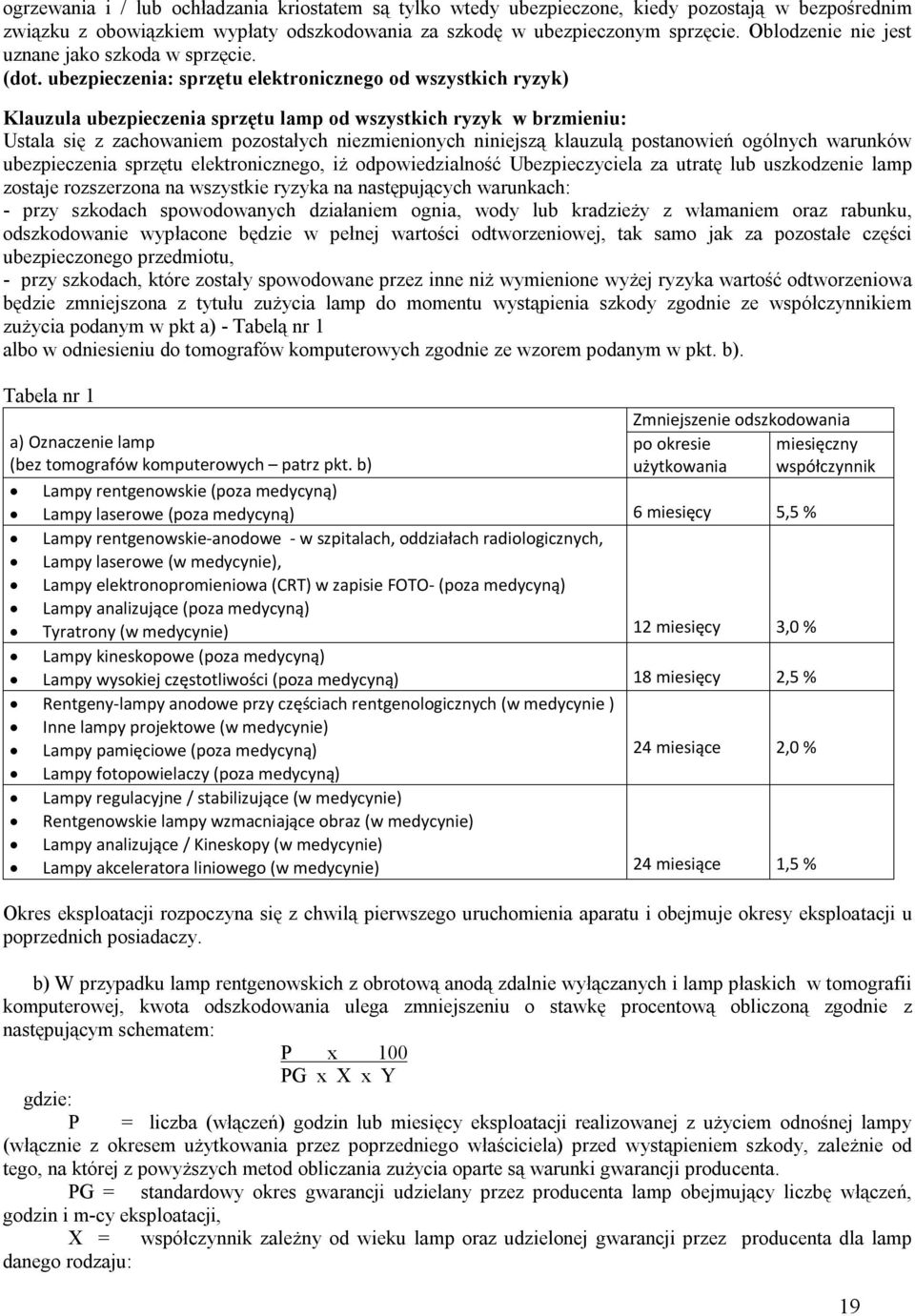 ubezpieczenia: sprzętu elektronicznego od wszystkich ryzyk) Klauzula ubezpieczenia sprzętu lamp od wszystkich ryzyk w brzmieniu: Ustala się z zachowaniem pozostałych niezmienionych niniejszą klauzulą