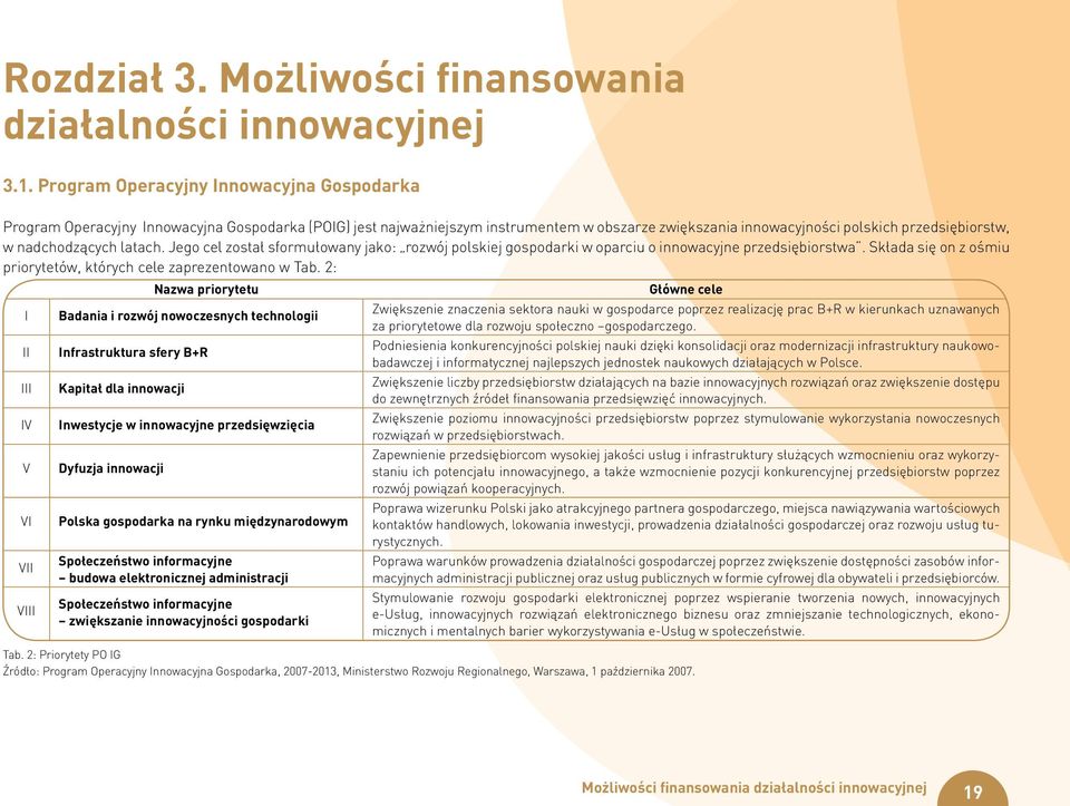 nadchodzących latach. Jego cel został sformułowany jako: rozwój polskiej gospodarki w oparciu o innowacyjne przedsiębiorstwa. Składa się on z ośmiu priorytetów, których cele zaprezentowano w Tab.