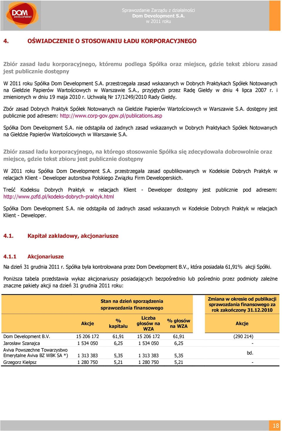 i zmienionych w dniu 19 maja 2010 r. Uchwałą Nr 17/1249/2010 Rady Giełdy. Zbór zasad Dobrych Praktyk Spółek Notowanych na Giełdzie Papierów Wartościowych w Warszawie S.A.