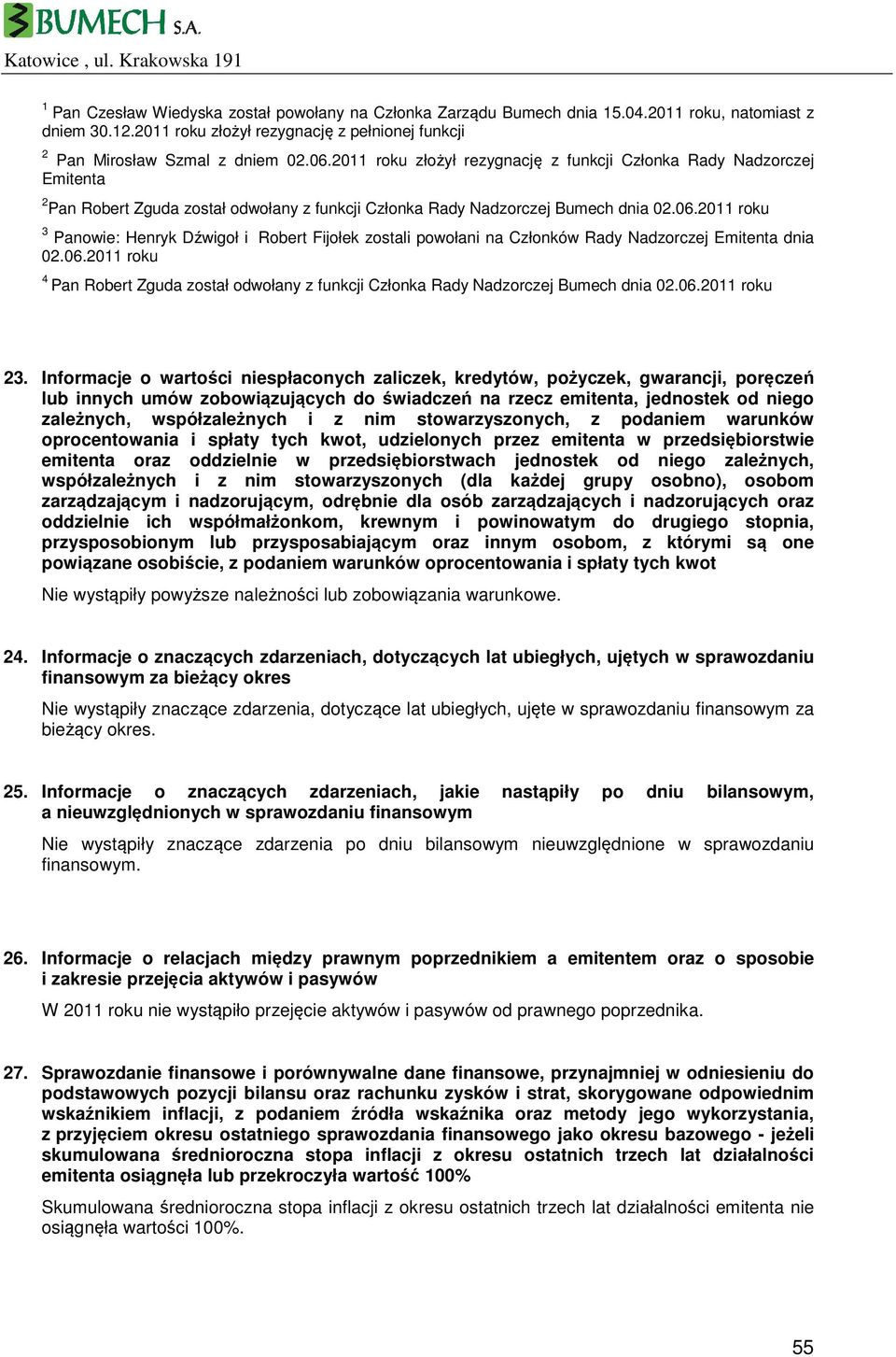 2011 roku 3 Panowie: Henryk Dźwigoł i Robert Fijołek zostali powołani na Członków Rady Nadzorczej Emitenta dnia 02.06.