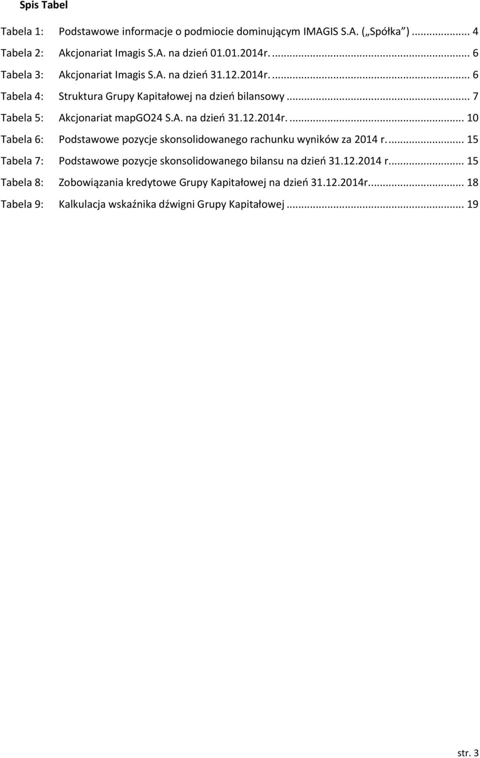 ... 15 Tabela 7: Podstawowe pozycje skonsolidowanego bilansu na dzień 31.12.2014 r.... 15 Tabela 8: Zobowiązania kredytowe Grupy Kapitałowej na dzień 31.12.2014r.