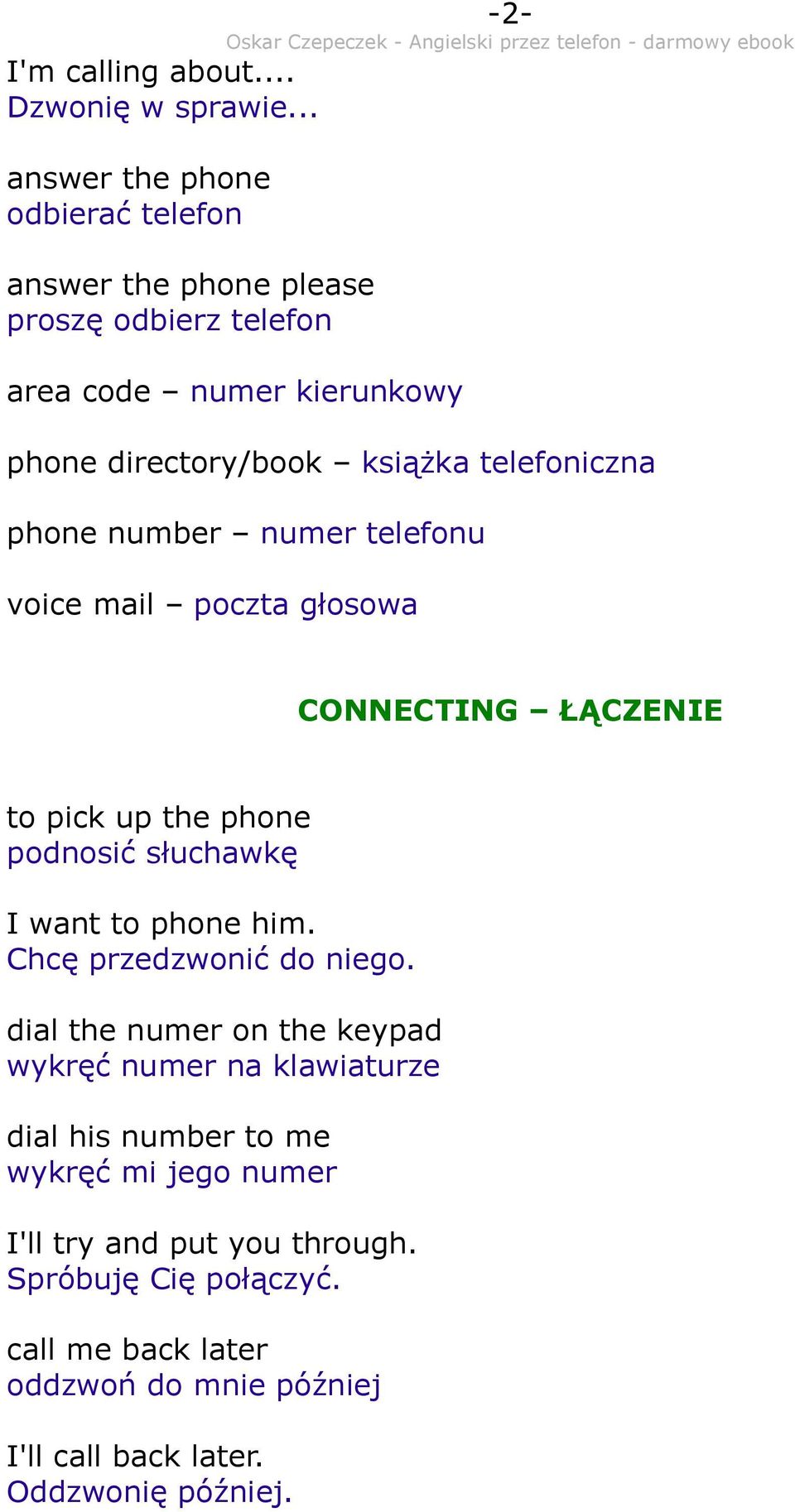 telefoniczna phone number numer telefonu voice mail poczta głosowa CONNECTING ŁĄCZENIE to pick up the phone podnosić słuchawkę I want to phone him.