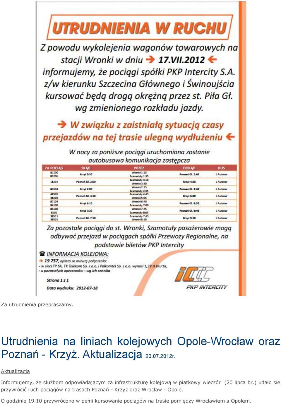 Aktualizacja Informujemy, że służbom odpowiadającym za infrastrukturę kolejową w piatkowy wieczór (20