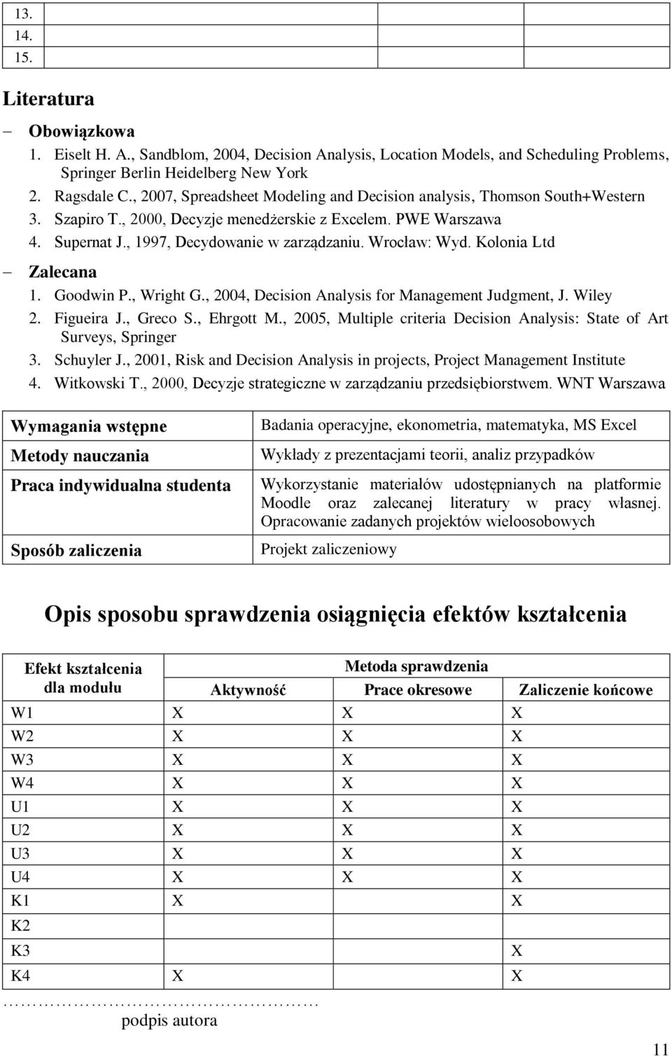 Wrocław: Wyd. Kolonia Ltd Zalecana 1. Goodwin P., Wright G., 2004, Decision Analysis for Management Judgment, J. Wiley 2. Figueira J., Greco S., Ehrgott M.