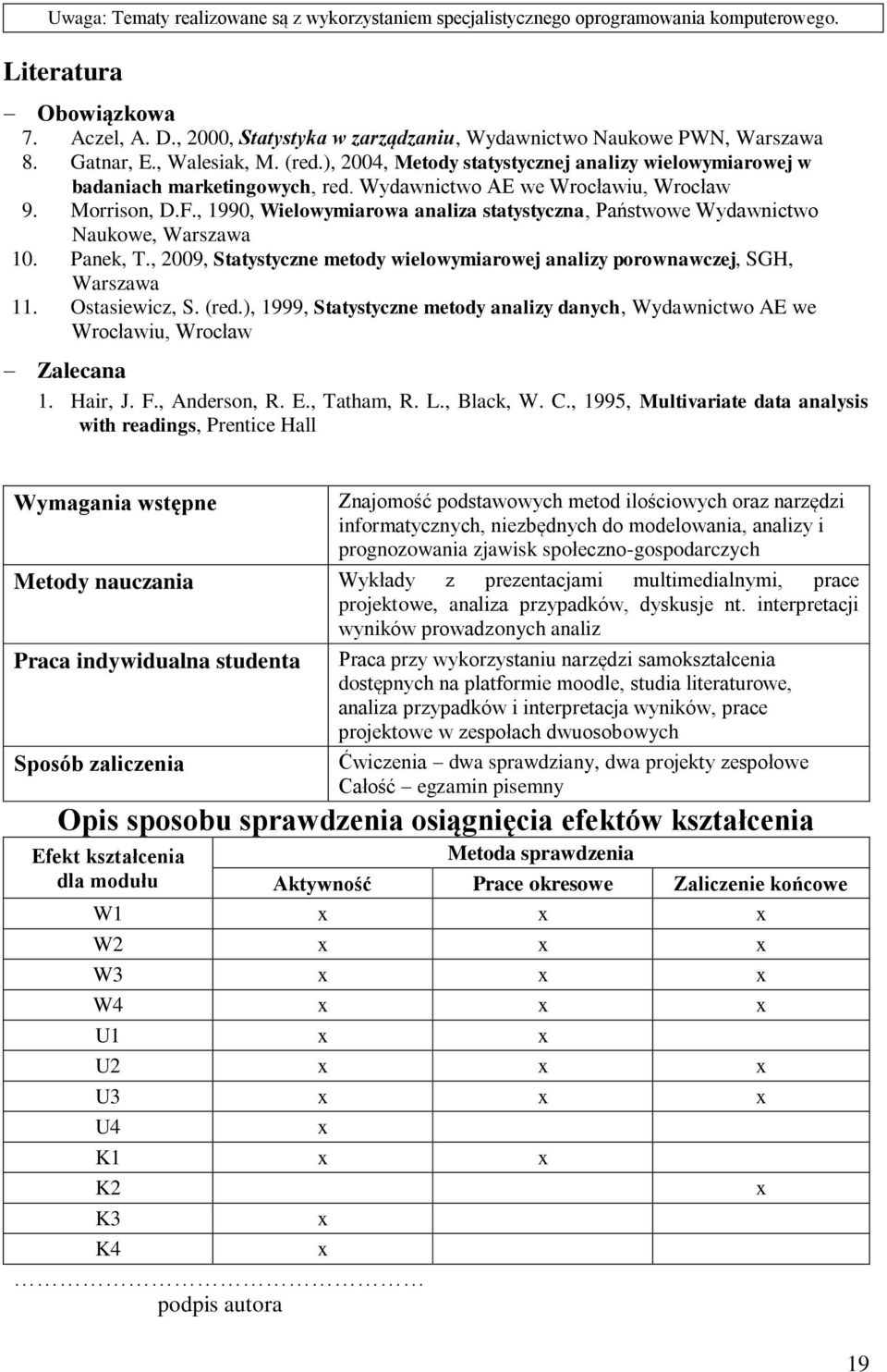 Wydawnictwo AE we Wrocławiu, Wrocław 9. Morrison, D.F., 1990, Wielowymiarowa analiza statystyczna, Państwowe Wydawnictwo Naukowe, Warszawa 10. Panek, T.