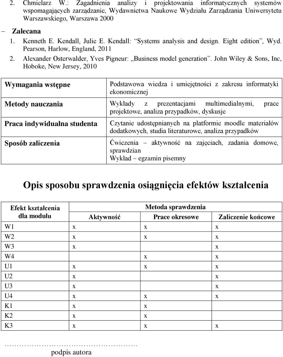 John Wiley & Sons, Inc, Hoboke, New Jersey, 2010 Wymagania wstępne Podstawowa wiedza i umiejętności z zakresu informatyki ekonomicznej Metody nauczania Wykłady z prezentacjami multimedialnymi, prace