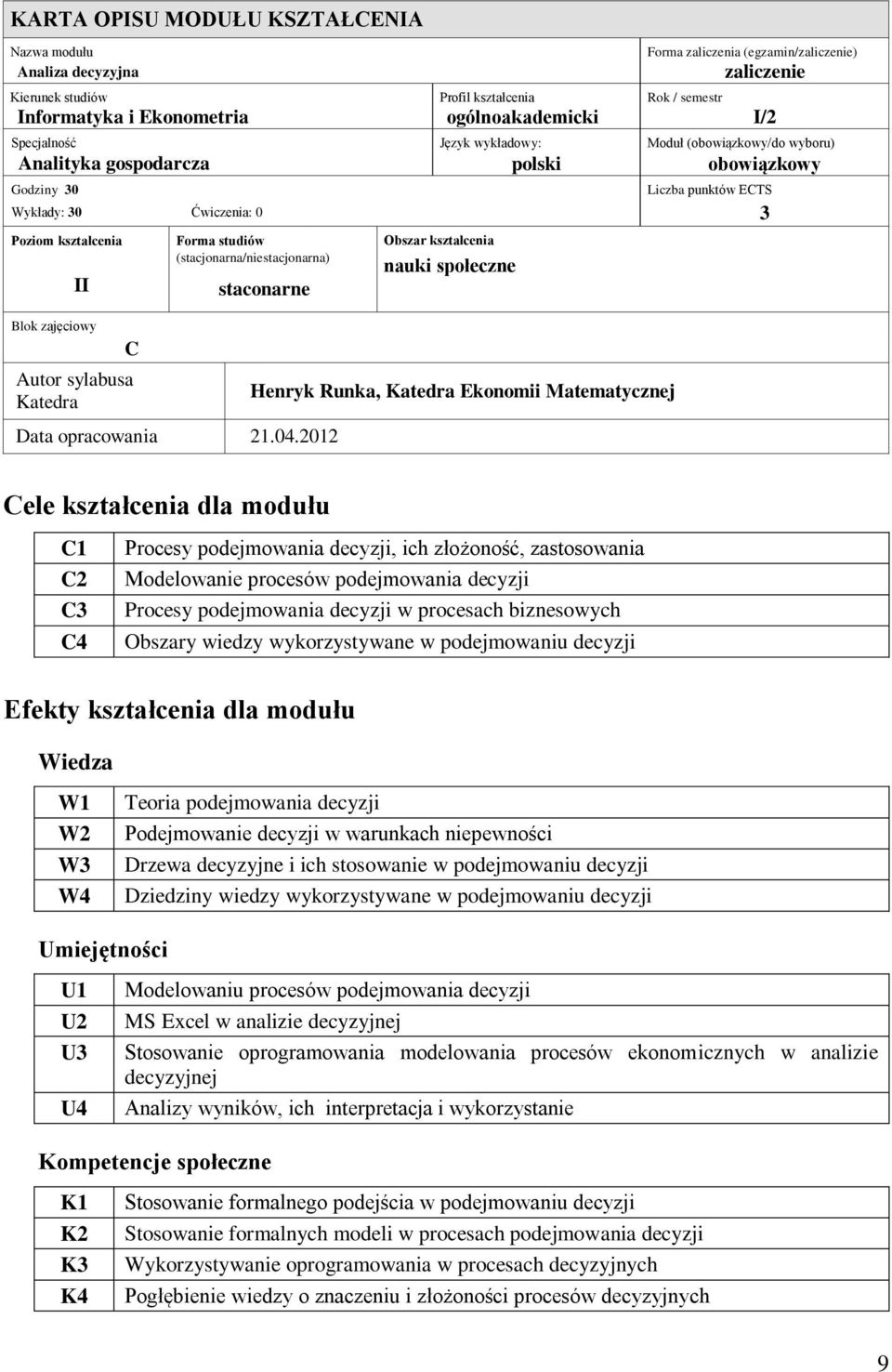 II Blok zajęciowy Liczba punktów C Autor sylabusa Katedra Forma studiów (stacjonarna/niestacjonarna) staconarne Data opracowania 21.04.