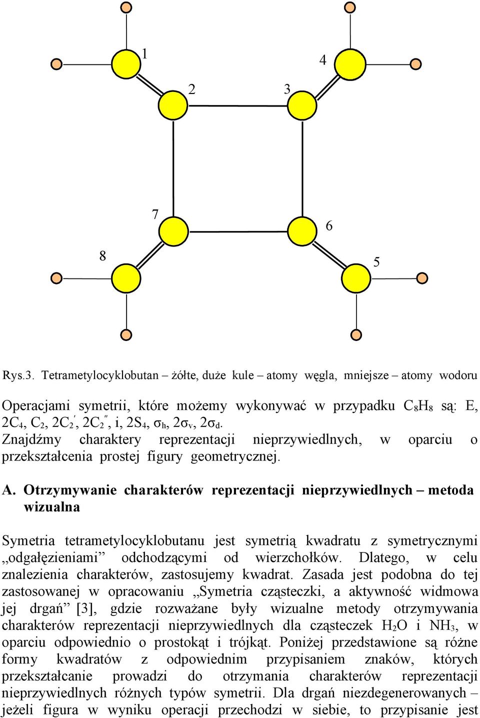 . Otrzymywanie charakterów reprezentacji nieprzywiedlnych metoda wizualna Symetria tetrametylocyklobutanu jest symetrią kwadratu z symetrycznymi odgałęzieniami odchodzącymi od wierzchołków.