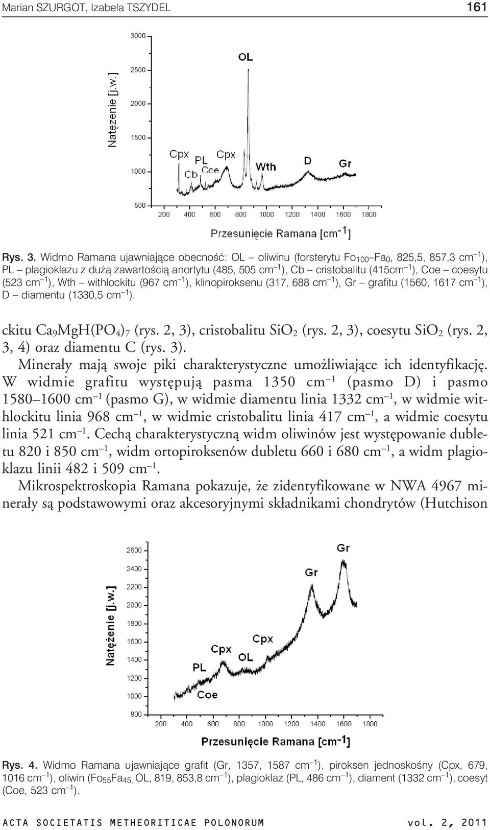 cm 1 ), Wth withlockitu (967 cm 1 ), klinopiroksenu (317, 688 cm 1 ), Gr grafitu (1560, 1617 cm 1 ), D diamentu (1330,5 cm 1 ). ckitu Ca 9 MgH(PO 4 ) 7 (rys. 2, 3), cristobalitu SiO 2 (rys.