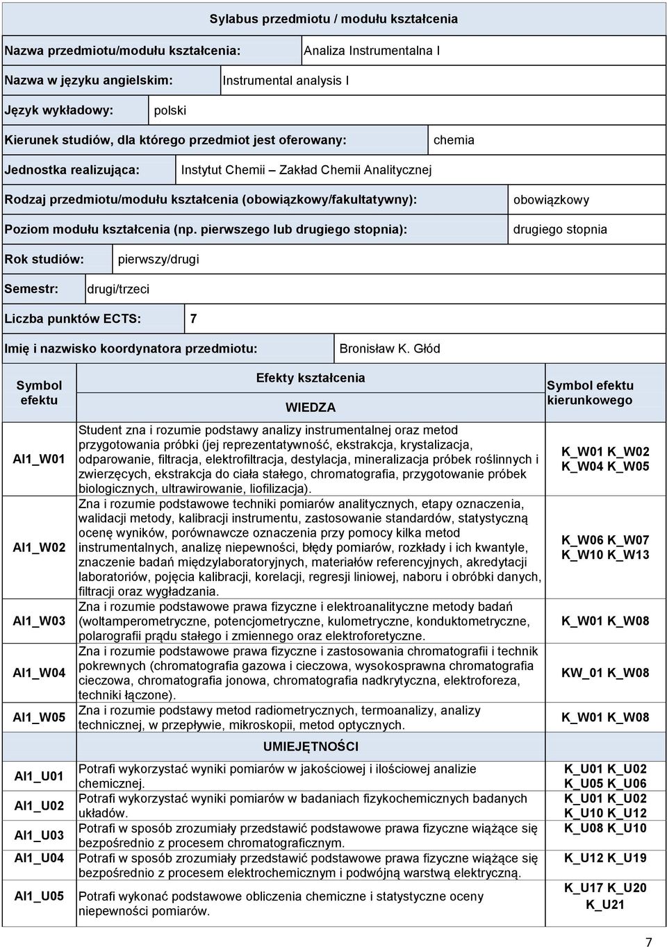 (np. pierwszego lub drugiego stopnia): obowiązkowy drugiego stopnia Rok studiów: Semestr: pierwszy/drugi drugi/trzeci Liczba punktów ECTS: 7 Imię i nazwisko koordynatora przedmiotu: Bronisław K.