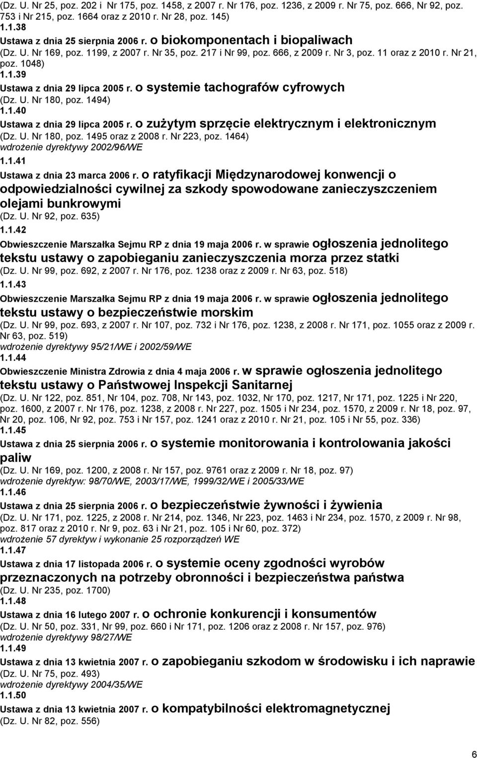 o systemie tachografów cyfrowych (Dz. U. Nr 180, poz. 1494) 1.1.40 Ustawa z dnia 29 lipca 2005 r. o zużytym sprzęcie elektrycznym i elektronicznym (Dz. U. Nr 180, poz. 1495 oraz z 2008 r. Nr 223, poz.