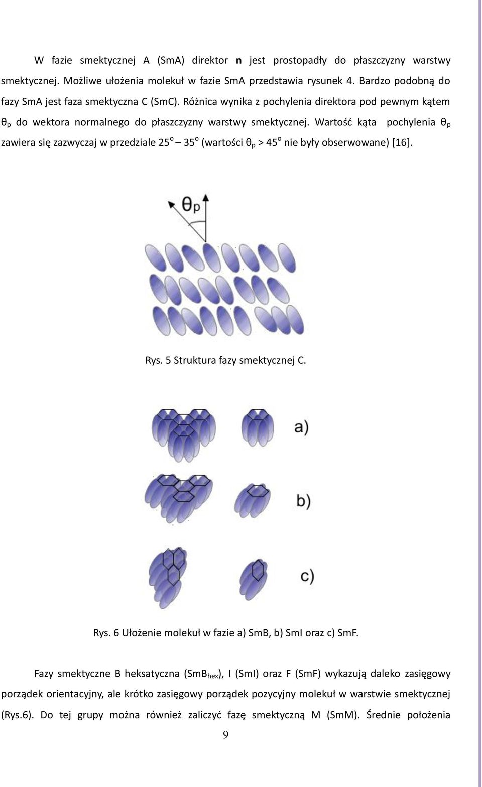 Wartość kąta pochylenia θ p zawiera się zazwyczaj w przedziale 25 o 35 o (wartości θ p > 45 o nie były obserwowane) [16]. Rys. 5 Struktura fazy smektycznej C. Rys. 6 Ułożenie molekuł w fazie a) SmB, b) SmI oraz c) SmF.