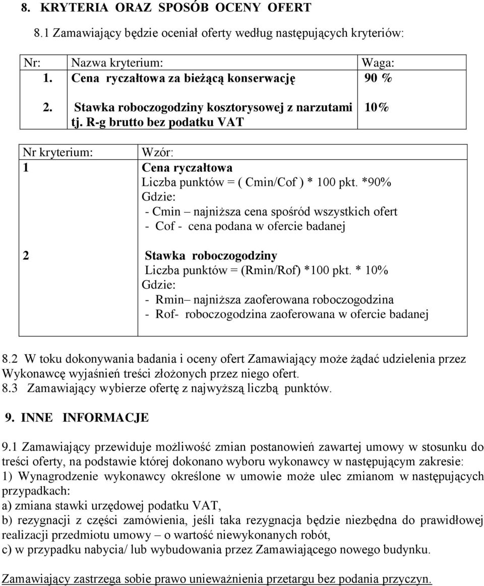 *90% - Cmin najniższa cena spośród wszystkich ofert - Cof - cena podana w ofercie badanej Stawka roboczogodziny Liczba punktów = (Rmin/Rof) *100 pkt.