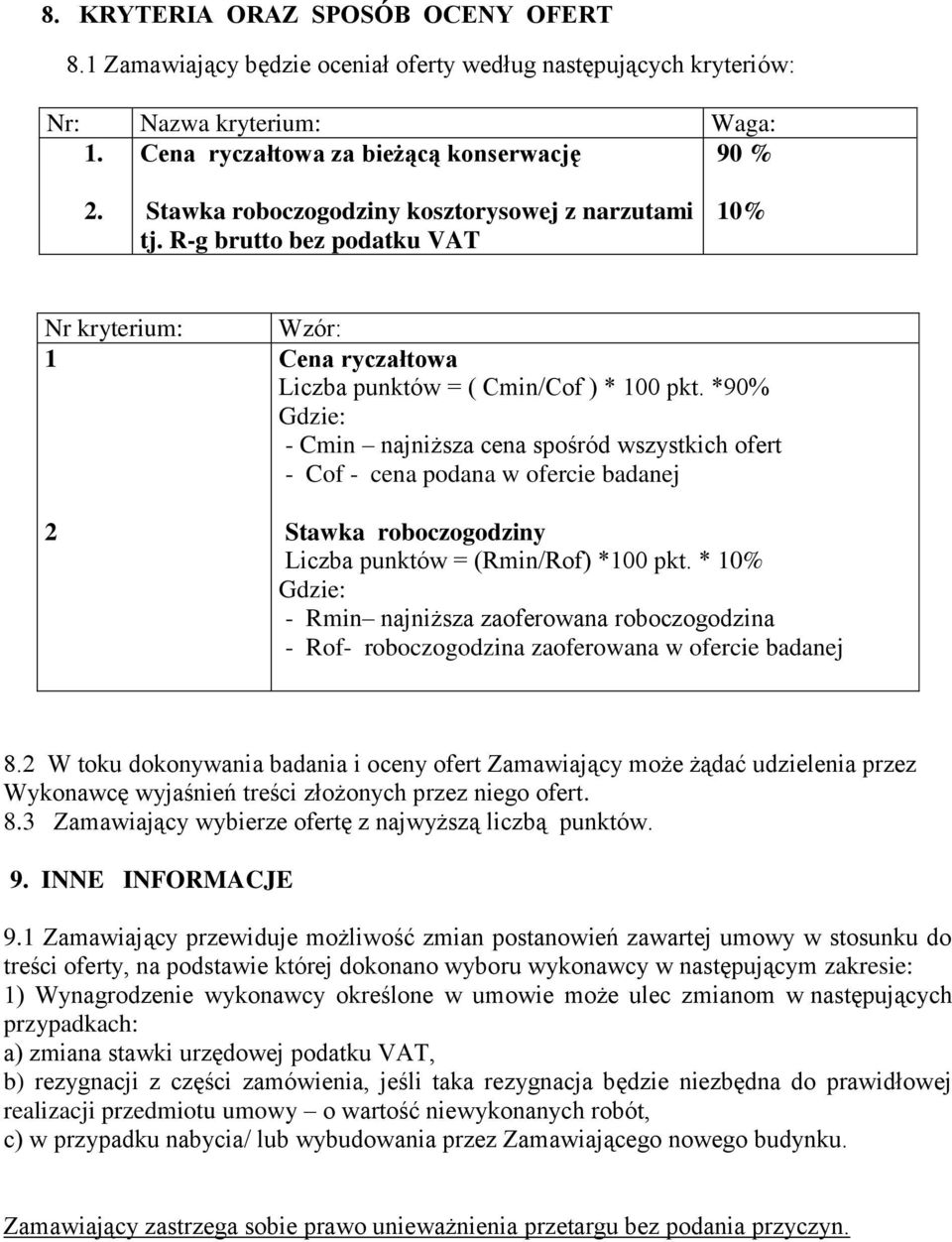 *90% - Cmin najniższa cena spośród wszystkich ofert - Cof - cena podana w ofercie badanej Stawka roboczogodziny Liczba punktów = (Rmin/Rof) *100 pkt.