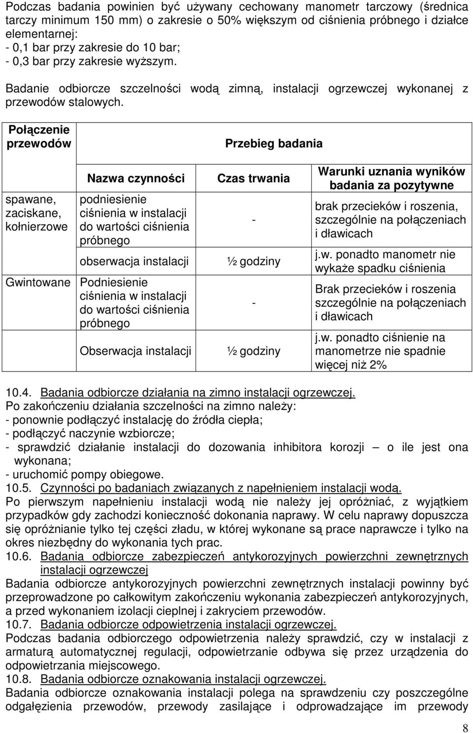 Połączenie przewodów Przebieg badania spawane, zaciskane, kołnierzowe Nazwa czynności podniesienie ciśnienia w instalacji do wartości ciśnienia próbnego obserwacja instalacji Gwintowane Podniesienie