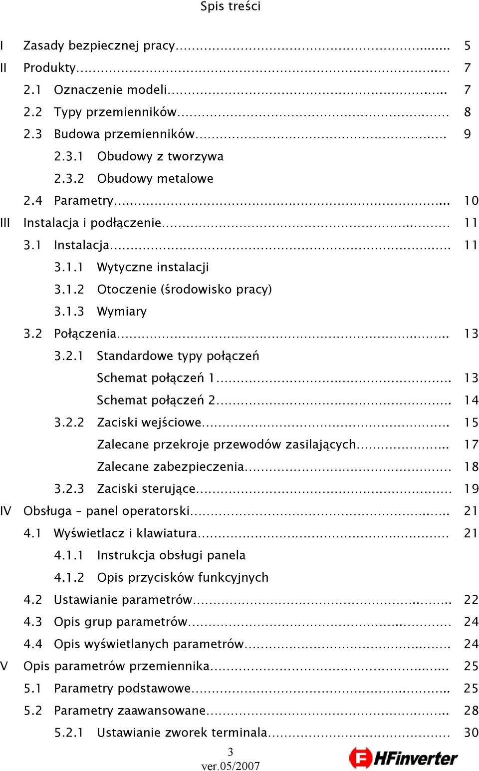 13 Schemat połączeń 2. 14 3.2.2 Zaciski wejściowe. 15 Zalecane przekroje przewodów zasilających.. 17 Zalecane zabezpieczenia 18 3.2.3 Zaciski sterujące 19 IV Obsługa panel operatorski.... 21 4.