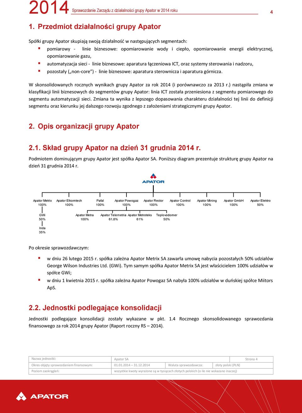 aparatura górnicza. W skonsolidowanych rocznych wynikach grupy Apator za rok 2014 (i porównawczo za 2013 r.