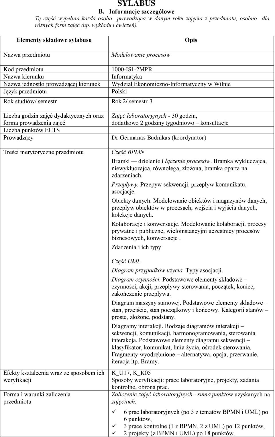 Rok studiów/ semestr Rok 2/ semestr 3 Liczba godzin zajęć dydaktycznych oraz forma prowadzenia zajęć Liczba punktów ECTS Prowadzący Treści merytoryczne Efekty kształcenia wraz ze sposobem ich