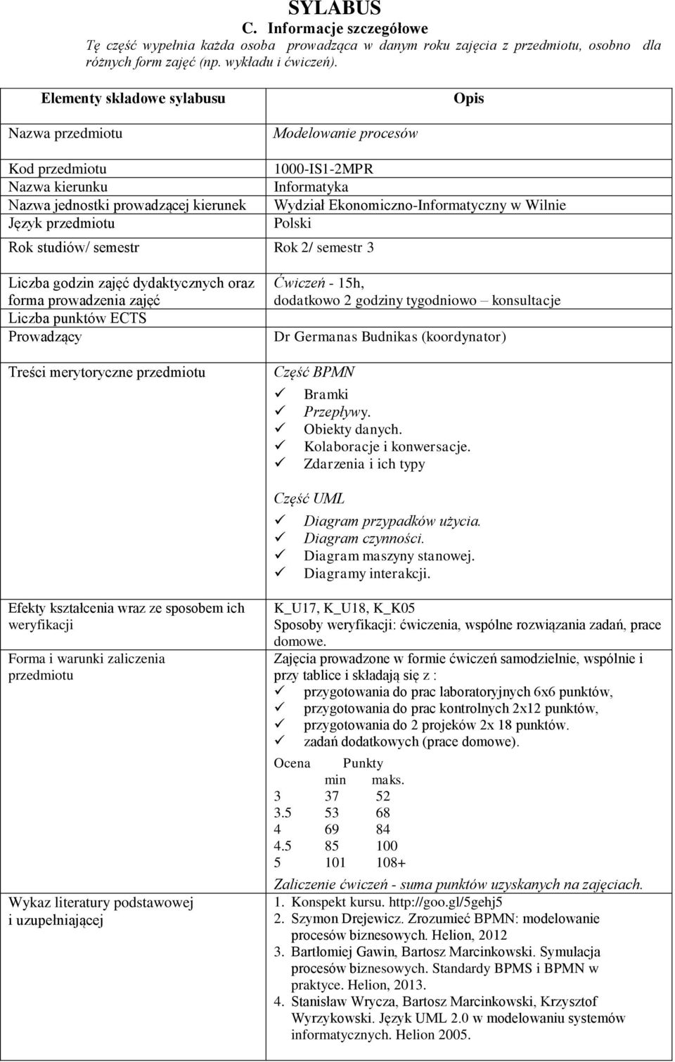 Rok studiów/ semestr Rok 2/ semestr 3 Liczba godzin zajęć dydaktycznych oraz forma prowadzenia zajęć Liczba punktów ECTS Prowadzący Treści merytoryczne Ćwiczeń - 15h, dodatkowo 2 godziny tygodniowo