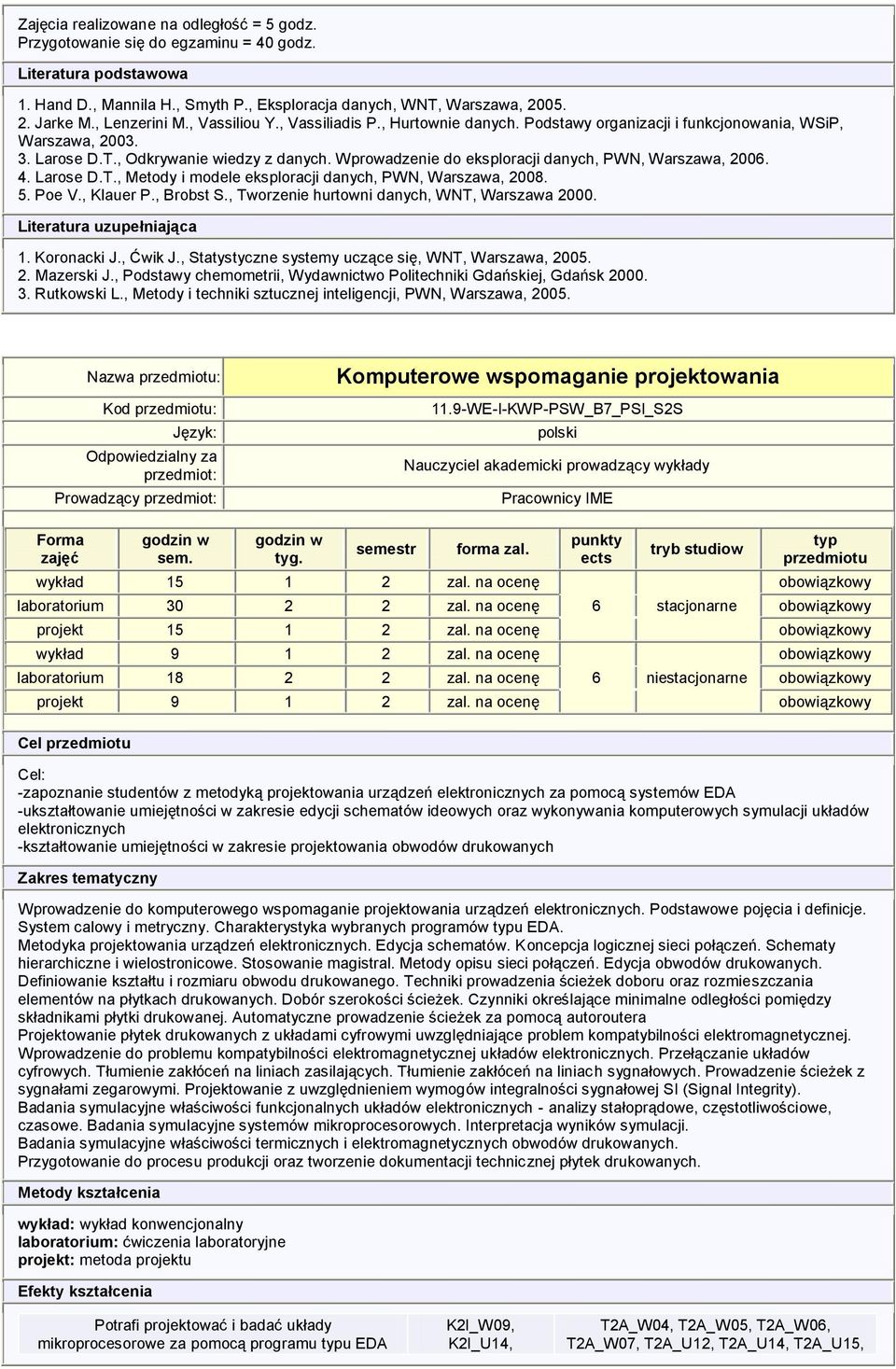 Larose D.T., Metody i modele eksploracji danych, PWN, Warszawa, 2008. 5. Poe V., Klauer P., Brobst S., Tworzenie hurtowni danych, WNT, Warszawa 2000. Literatura uzupełniająca 1. Koronacki J., Ćwik J.