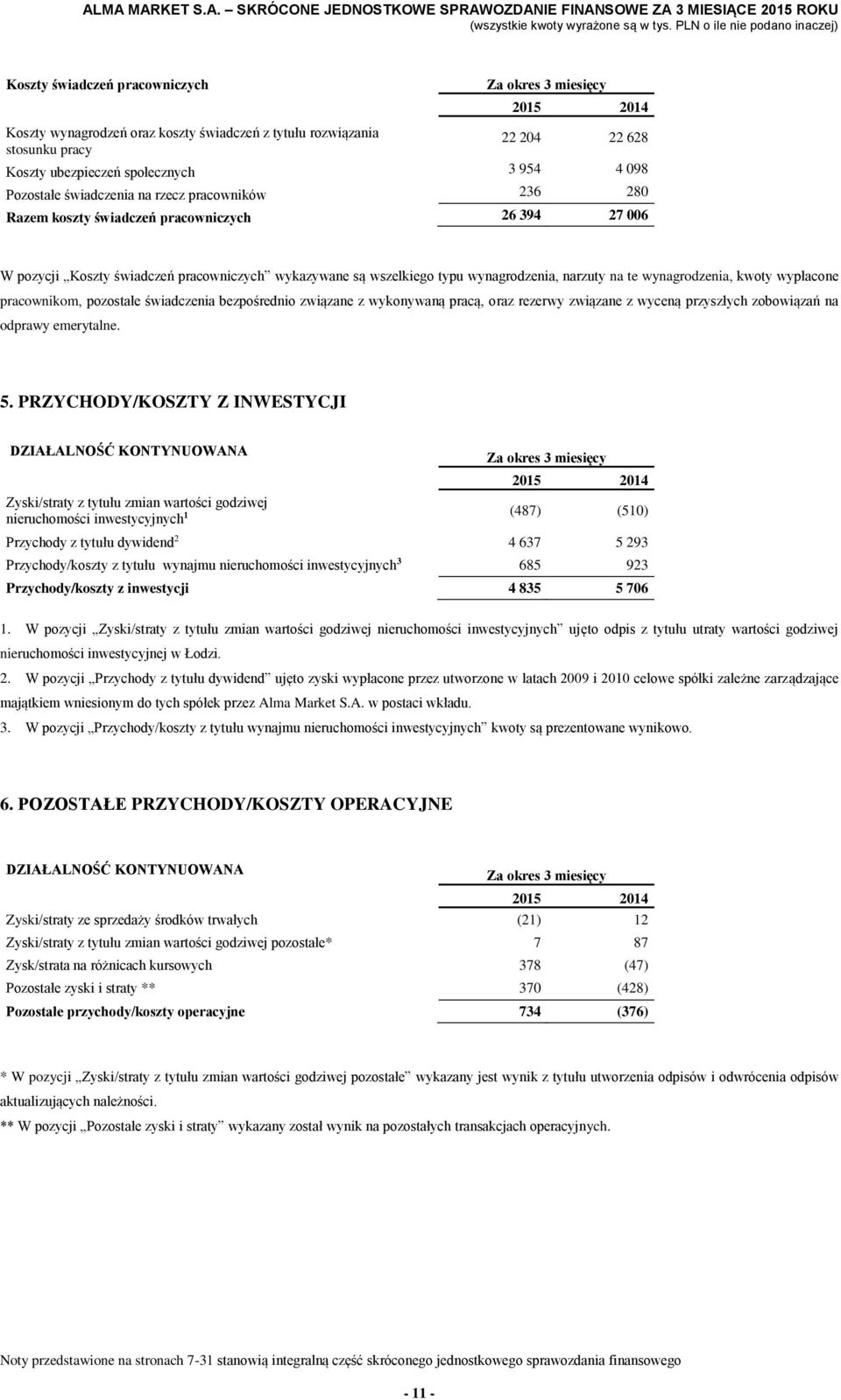 wypłacone pracownikom, pozostałe świadczenia bezpośrednio związane z wykonywaną pracą, oraz rezerwy związane z wyceną przyszłych zobowiązań na odprawy emerytalne. 5.