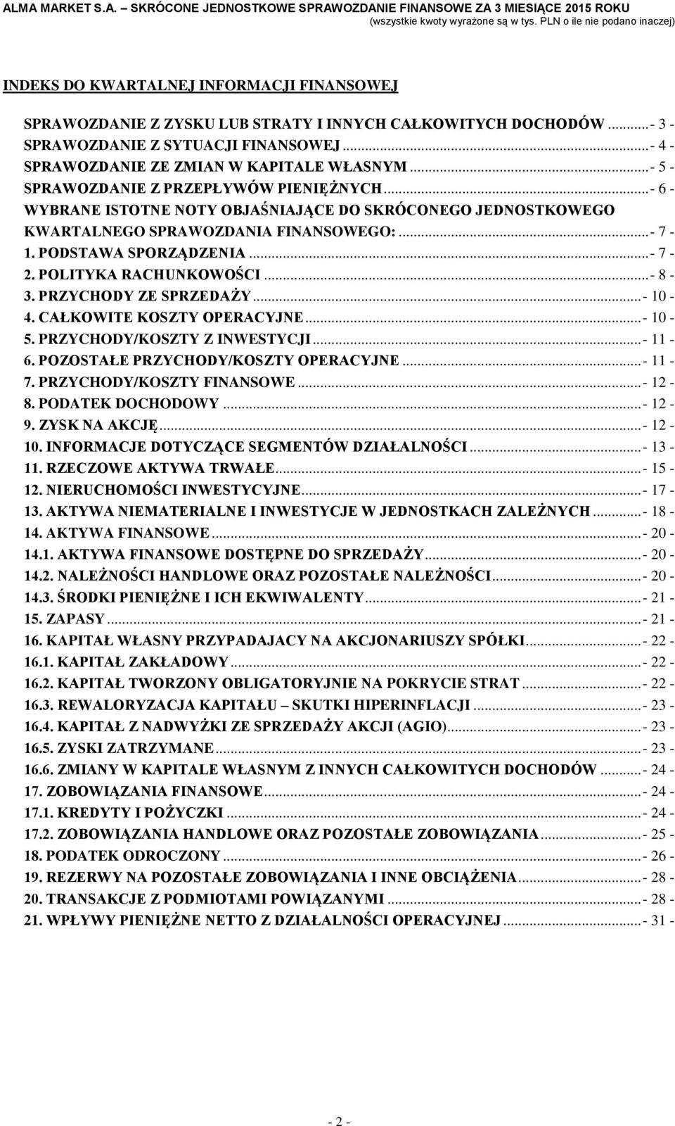 POLITYKA RACHUNKOWOŚCI... - 8-3. PRZYCHODY ZE SPRZEDAŻY... - 10-4. CAŁKOWITE KOSZTY OPERACYJNE... - 10-5. PRZYCHODY/KOSZTY Z INWESTYCJI... - 11-6. POZOSTAŁE PRZYCHODY/KOSZTY OPERACYJNE... - 11-7.