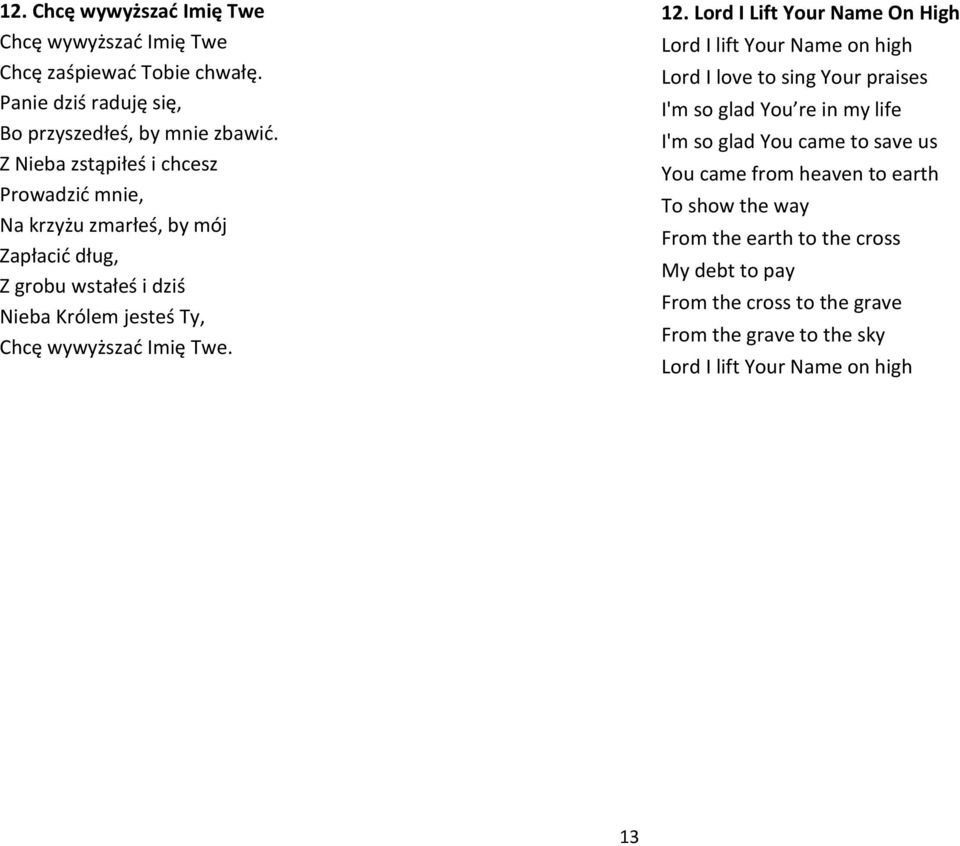 12. Lord I Lift Your Name On High Lord I lift Your Name on high Lord I love to sing Your praises I'm so glad You re in my life I'm so glad You came to save