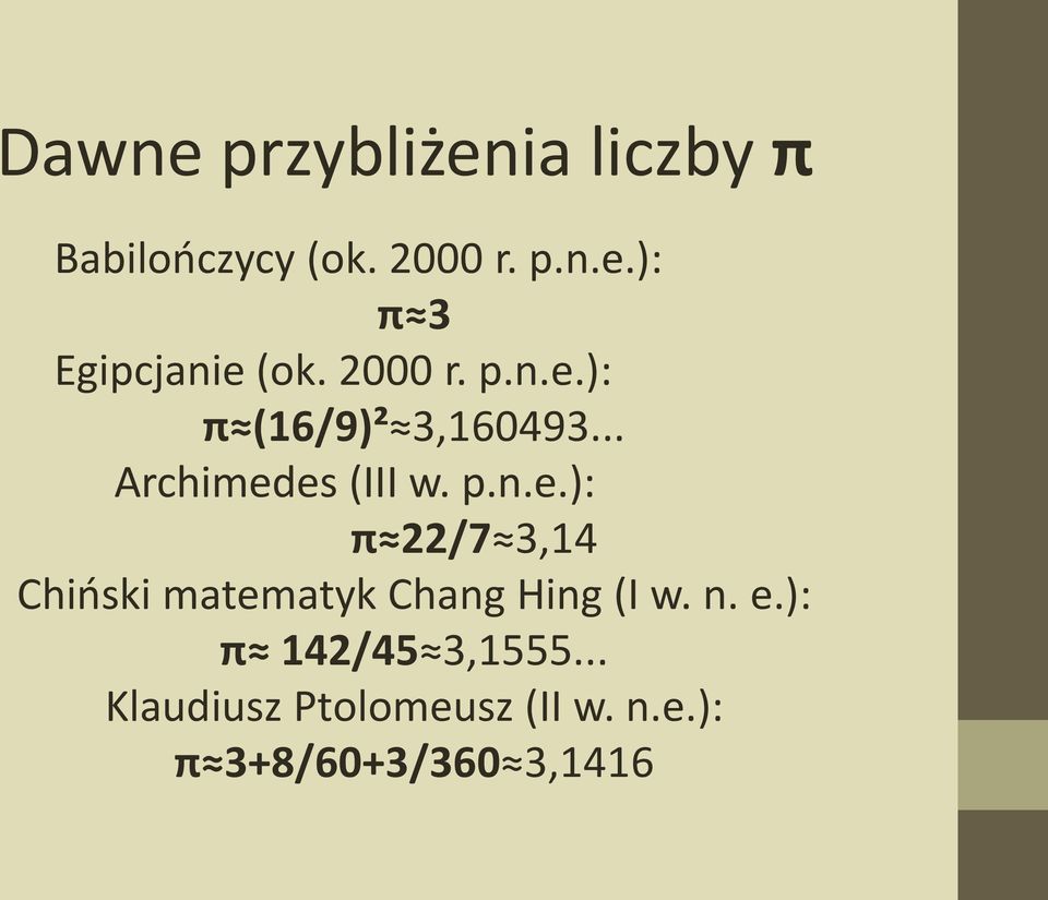 n. e.): π 142/45 3,1555... Klaudiusz Ptolomeusz (II w. n.e.): π 3+8/60+3/360 3,1416