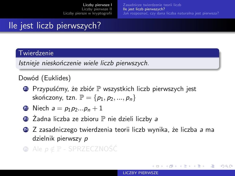 Dowód (Euklides) Z1 Przypuśćmy, że zbiór P wszystkich liczb pierwszych jest skończony, tzn. P = {p 1, p 2,.