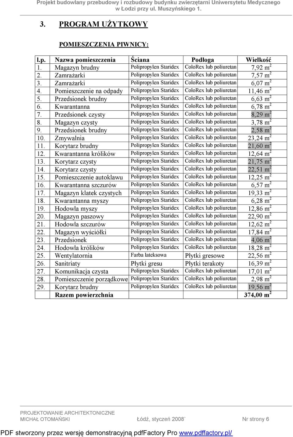 Pomieszczenie na odpady Polipropylen Staridex ColoRex lub poliuretan 11,46 m 2 5. Przedsionek brudny Polipropylen Staridex ColoRex lub poliuretan 6,63 m 2 6.