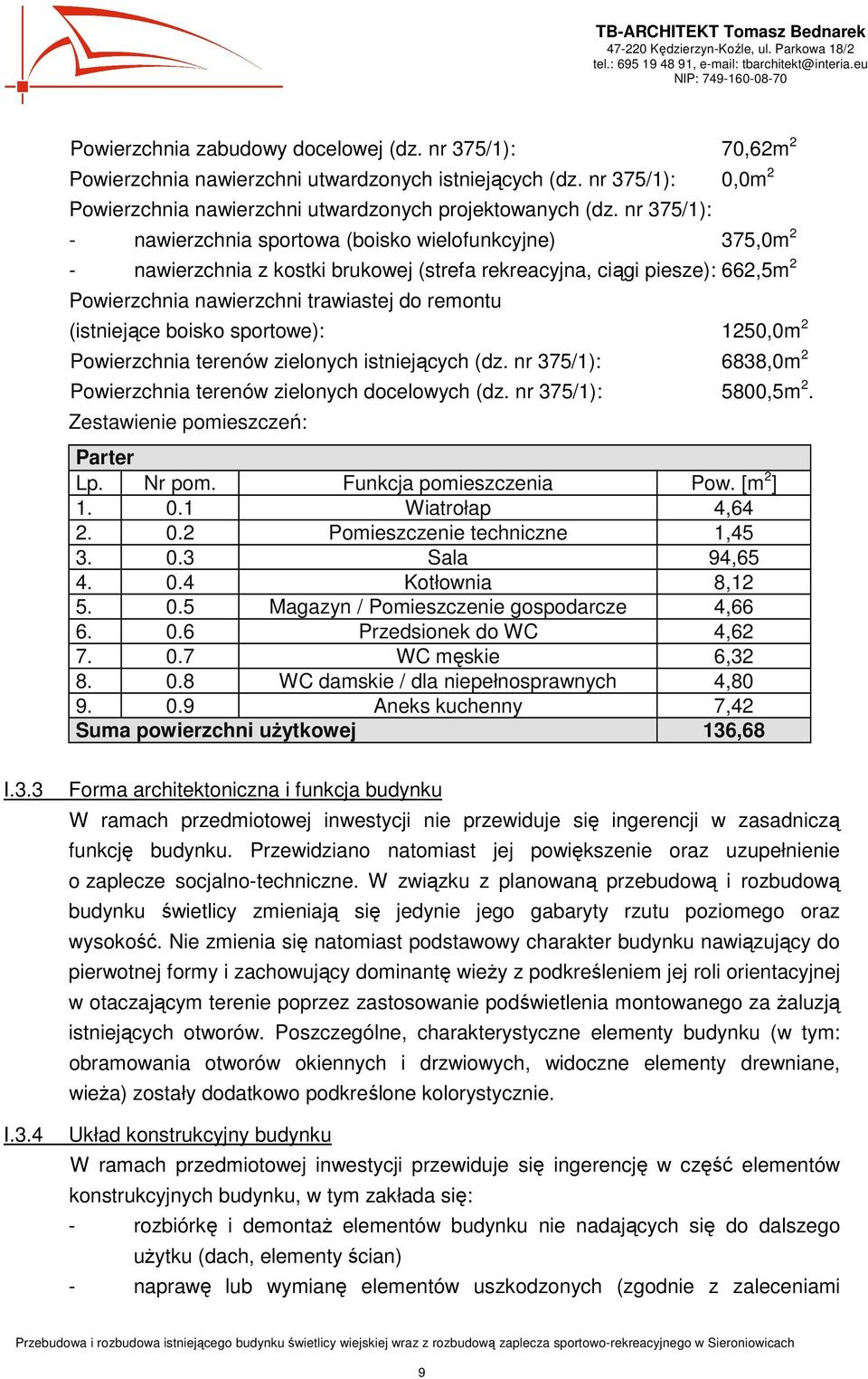 (istniejące boisko sportowe): 1250,0m 2 Powierzchnia terenów zielonych istniejących (dz. nr 375/1): 6838,0m 2 Powierzchnia terenów zielonych docelowych (dz. nr 375/1): 5800,5m 2.