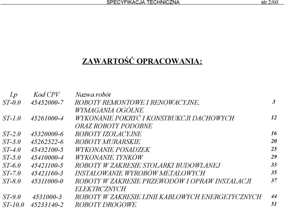 0 45432100-5 WYKONANIE POSADZEK 25 ST-5.0 45410000-4 WYKONANIE TYNKÓW 29 ST-6.0 45421100-5 ROBOTY W ZAKRESIE STOLARKI BUDOWLANEJ 33 ST-7.