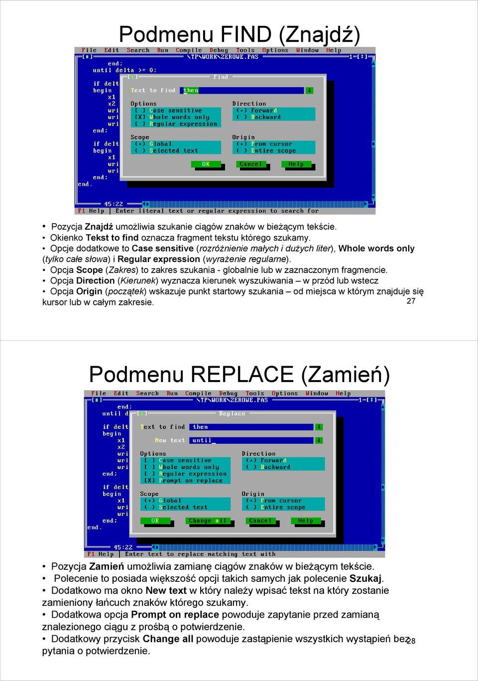 Opcja Scope (Zakres) to zakres szukania - globalnie lub w zaznaczonym fragmencie.