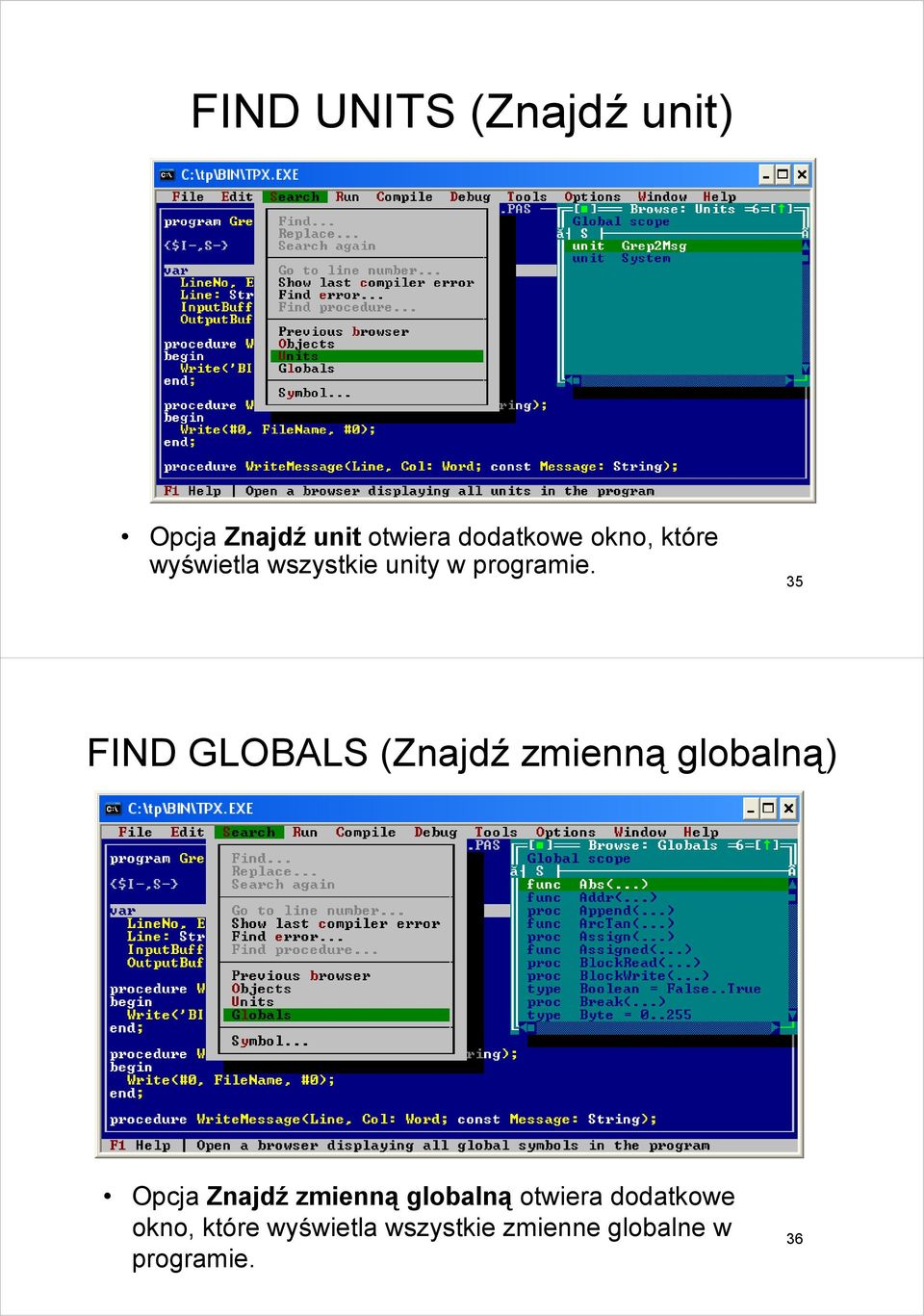 35 FIND GLOBALS (Znajdź zmienną globalną) Opcja Znajdź zmienną