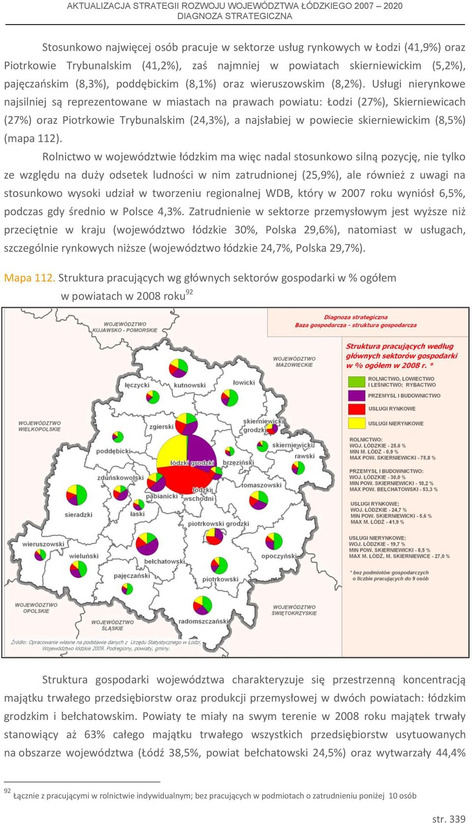 Usługi nierynkowe najsilniej są reprezentowane w miastach na prawach powiatu: Łodzi (27%), Skierniewicach (27%) oraz Piotrkowie Trybunalskim (24,3%), a najsłabiej w powiecie skierniewickim (8,5%)